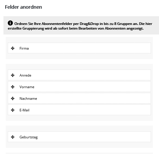 Abonnentenfelder anordnen in newsletteragentur